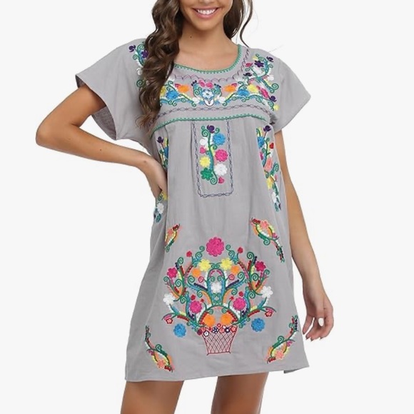 YZXDORWJ Women Mexican Embroidered Floral Dress Short Sleeve Size 2XL - Picture 14 of 15